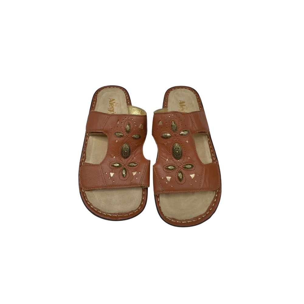 Alegria Brown Leather Studded Slide Sandals Womens size 37 (6.5) Comfort Rocker